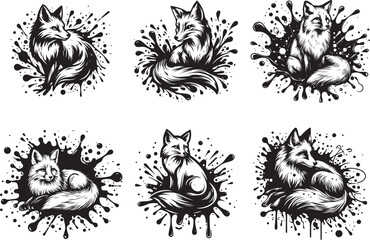 Monochrome Foxes Amid Paint Splatter vector graphics