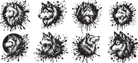 Wolf Profile Portraits on Paint Splash without Background vector graphics