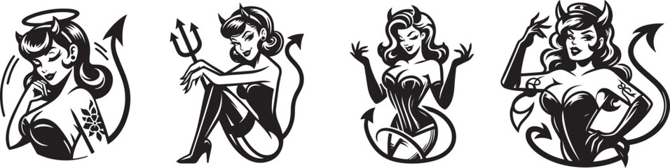 devil girl pin-up in black and white