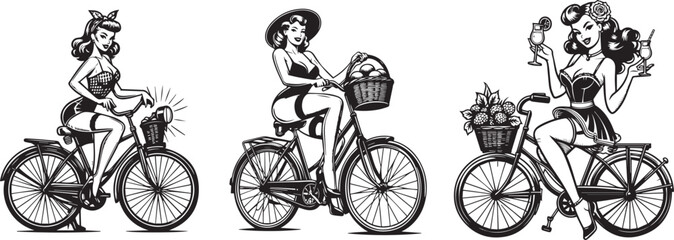 Black and White Pin-Up Girls Cycling - obrazy, fototapety, plakaty