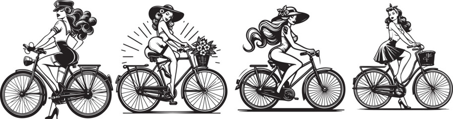 Monochrome Pin-Up Girls Cycling vector graphics