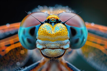 Extreme closeup of the head of a dragonfly - obrazy, fototapety, plakaty