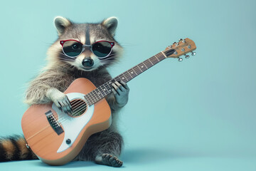 Funny raccoon in sunglasses playing a guitar on a green background
