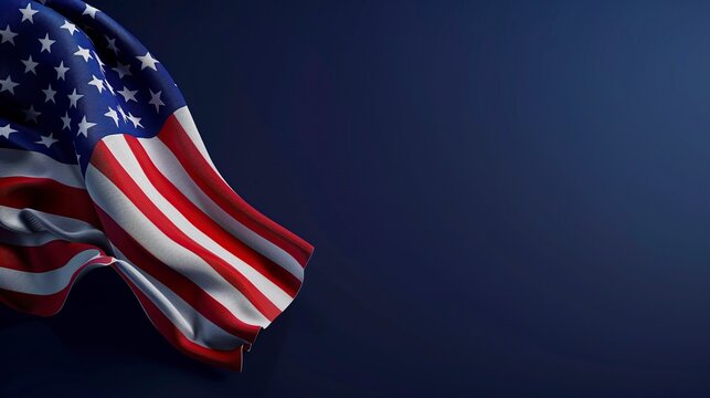 3D Rendering of the American USA Flag Waving Proudly Against a Deep Blue Background. Patriotic Symbolism Concept.