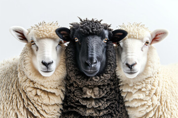 Fototapeta premium One black and two white sheeps on a white background