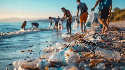 Dedicated Volunteers Working Together to Clean Up Plastic Pollution on the Beautiful Coastal Beach - obrazy, fototapety, plakaty