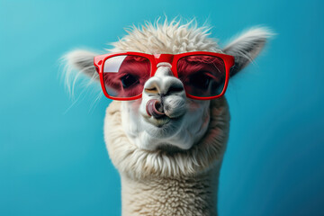 Obraz premium White funny alpaca with red sunglasses on a blue background showing tongue