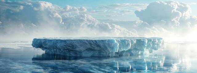 Podium ice water background product snow 3D mountain platform sea. Ice podium water cool cold glacier winter landscape frozen nature iceberg arctic scene blue light display abstract sky ad refreshing.