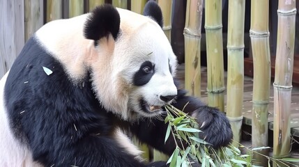  a black and white panda eating bamboo in a zoo enclosure with bamboo trees in the background and a bamboo plant in the foreground.