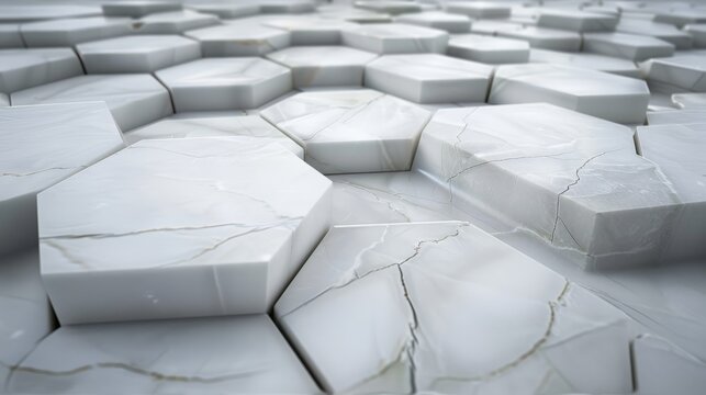  a group of white cubes sitting on top of each other in the middle of a floor covered in marble.