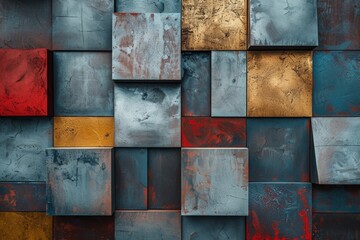 Abstract background of different metal blocks in gray, blue and red colors