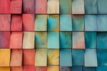 Abstract colorful background of red, green, yellow painted blocks with a textured appearance resembling wood