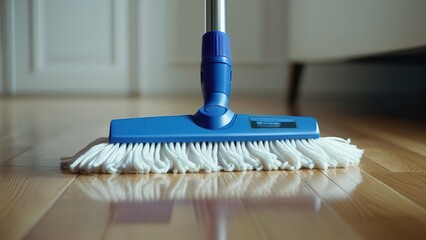 Cleaning the floor with a mop and detergent on the parquet floor at home, mop close-up, house cleaning and cleanliness concept