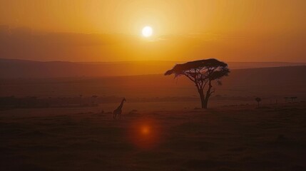  a giraffe standing next to a tree in the middle of a field with the sun in the background.