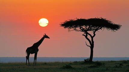  a giraffe standing next to a tree with the sun setting in the distance in the distance behind it.