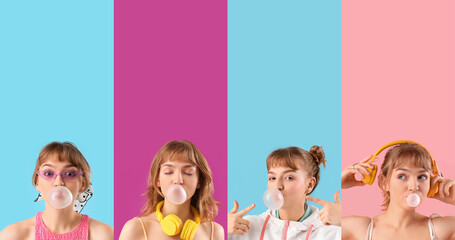 Collage of beautiful young girl with chewing gum on color background