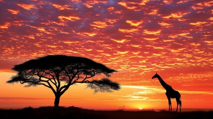  a giraffe standing in front of a tree with the sun setting in the background and clouds in the sky.
