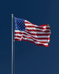 3D Rendering of the American USA Flag Waving Proudly Against a Deep Blue Background. Patriotic Symbolism Concept.