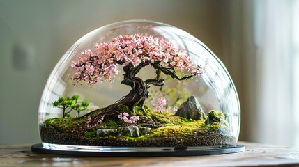 unique glass dome with a realistic depiction of a romantic Japanese bonsai garden inside- - obrazy, fototapety, plakaty