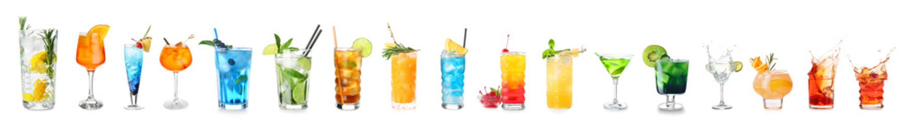 Set of many different cocktails isolated on white