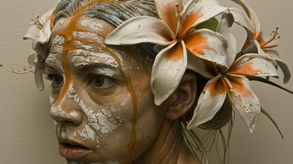  a close up of a person with a flower in their hair and a face covered in white and orange paint.