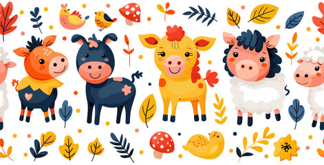 農場の動物とのシームレスなパターン。かわいい牛、面白い豚、小さな馬、羊の背景。飼育されたペットがいる田舎の納屋。田園風景をプリントした子供用プリント。ベクトルテクスチャ