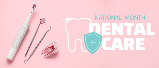 Plastic tooth with dental tools and electric brush on pink background - obrazy, fototapety, plakaty