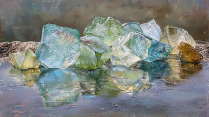  a group of ice cubes sitting on top of a body of water in front of a painting of rocks.