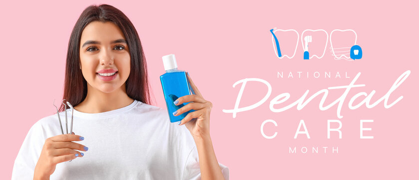 Smiling young woman with mouth rinse and dental tools on pink background - Powered by Adobe