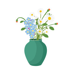 Spring flowers in ceramic vase. Delicate beautiful wild flowers in jug or vase isolated on white background. Summer wildflowers bouquet. Bunch of colorful plants. Element of interior decor.Flat vector