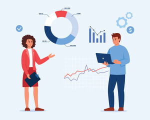 Vector illustration of business meeting. Cartoon scene of a woman holding a tablet for paper, analyzing a pie chart, a bar chart, a line graph and a man with a laptop isolated on a white background.