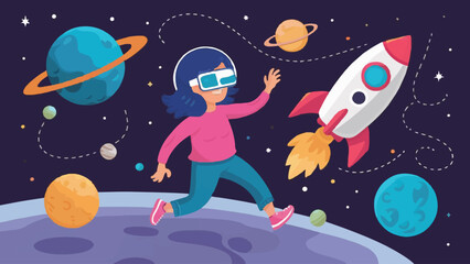 Virtual reality concept: a person in space next to planets and a rocket, with a character wearing VR glasses as a metaphor for innovation and modern technology, suitable for gaming or learning. Illust - obrazy, fototapety, plakaty