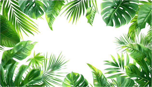 ジャングルの葉フレーム。漫画の熱帯葉の背景に葉の要素。ポスター、白い背景のカード用の夏の自然のヤシの植物。ベクトルコレクション