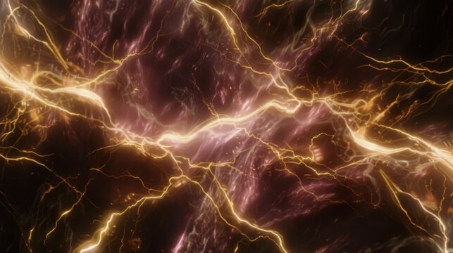  a computer generated image of a purple and yellow explosion of lightening, with a black background and yellow and red streaks of lightening.