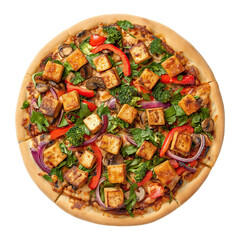 Isolated delicious Vegan Pizza, generously topped with beautiful ingredients, transparent background