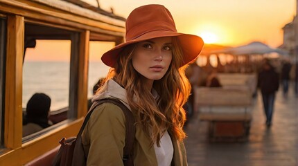 Woman happy traveler with backpack and hat sitting on grass near amazing mountains and forest view. True emotions. Soft toned colors.