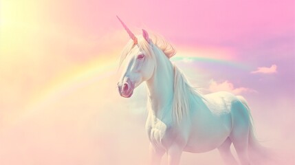 Portrait of unicorn on rainbow sky background with copy space, fantasy magic unicorn creature on dreamy colorful pink rainbow background sky.