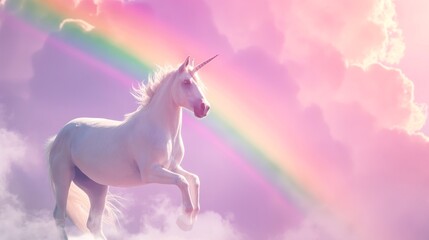 Obraz na płótnie Canvas Portrait of unicorn on rainbow sky background with copy space, fantasy magic unicorn creature on dreamy colorful pink rainbow background sky.
