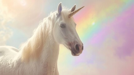 Portrait of unicorn on rainbow sky background with copy space, fantasy magic unicorn creature on dreamy colorful pink rainbow background sky.
