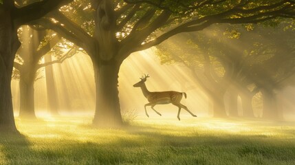  a deer standing in the middle of a forest with the sun shining through the trees on a foggy day.