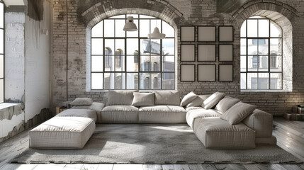 An expansive loft with a large, white sectional sofa, brick walls, industrial-style windows, and a chic ambiance