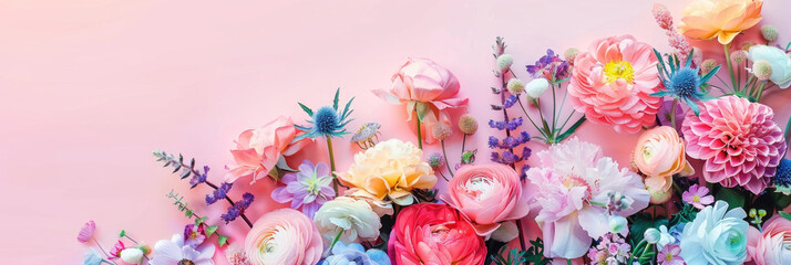 A collection of various flowers arranged on a wall, forming a colorful and vibrant display
