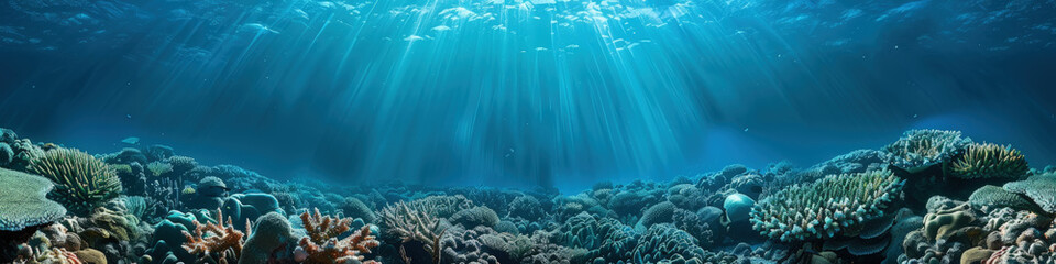 Sunlight streams through the clear water, illuminating a vibrant coral reef teeming with marine life