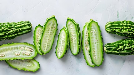 Sliced bitter melon or bitter gourd on wooden board prepare for cooking, Table top view
