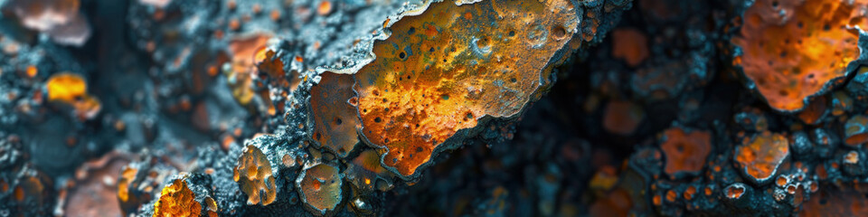 Vibrant oranges and blues dominate the close-up view of rust and lichen patterns on a rocky surface, showcasing a natural palette of colors