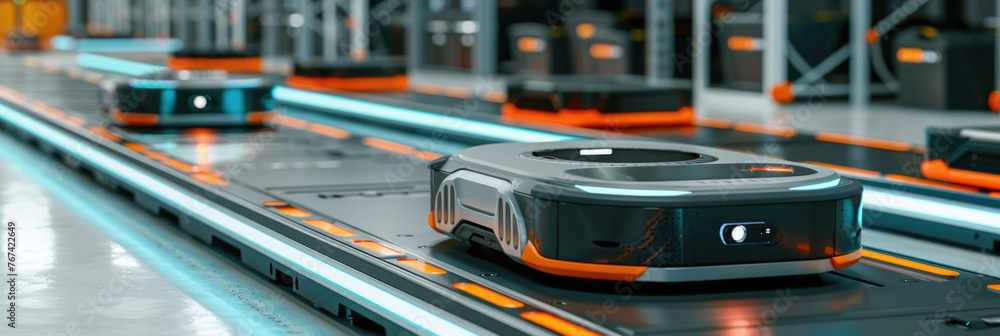 Poster a robot is in motion on a conveyor belt in a manufacturing facility. it is efficiently transporting 