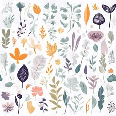 A collection of seamless pattern, colorful abstract plants and flowers. Hand drawn Collection of leaves and flowers. A close up of a pattern of flowers and leaves.
