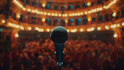 photo of microphone on stage in front of audience, blurred crowd in the theater hall Generative AI