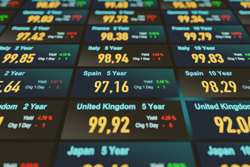 Fototapeta premium Global government bonds, yield and price information. Bond market trading, interest rates, treasury bonds, investment.
