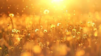 Selbstklebende Fototapeten soft focus sunset field landscape of yellow flowers and grass meadow warm during golden hour sunset or sunrise abstract background © Ziyan